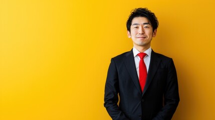 Wall Mural - Close-up of a Japanese businessman brainstorming ideas on a whiteboard, wearing a black suit and red tie, standing in front of a bright yellow background, Portrait half-body, hyper-realistic, high