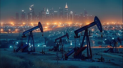 Aufkleber - A realistic night view featuring the backdrop of modern building city, with its iconic skyline illuminated by city lights. The focus is on several oil pumps in the foreground. Generative AI.