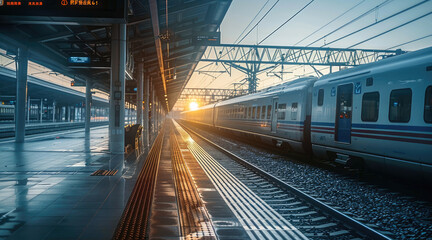 Wall Mural - Railway station, high-speed rail station, train stopped at the platform. Generative AI.