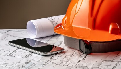 Construction Plans with Hard Hat and Phone