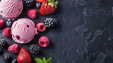 Wall Mural - Delicious berry ice cream scoops with fresh berries on textured dark background