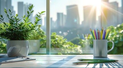 Aufkleber - White office desk, green plants, city view through window, minimalist design, bright colors, coffee cup, pens and stationery neatly arranged, sunlight. Generative AI.