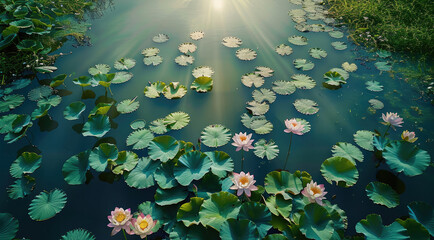 Wall Mural - A vibrant green lotus pond at noon, lotus flowers in full bloom, tranquil and serene atmosphere, overhead view. Generative AI.