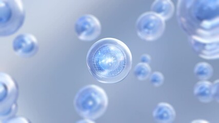 Aufkleber - 3D render animation with liquid, transparent bubbles flying away. Macro shot of various bubbles in water rising on the light background. Super slow motion Beauty glossy Moisturizing bubble blobs 