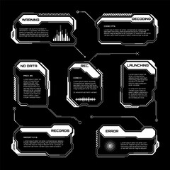 Poster - White futuristic HUD, UI elements. Sci-fi user interface text boxes, callouts. Warning message frames, information boxes template. Modern game interface layout in digital style. Vector illustration
