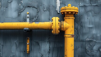 Poster - Emphasize the architectural nuance of a new small yellow water pipe on a gray concrete wall corner, contributing to the textured background of the building facade. Generative AI.