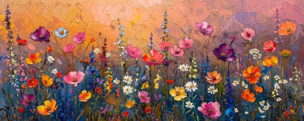 Wall Mural - A serene meadow filled with wildflowers, their colors blending into a vibrant patchwork.