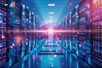 Aufkleber - A futuristic data center with glowing servers, representing advanced technology and modern computing infrastructure.