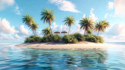 Aufkleber - Tropical island with beach umbrella and coconut on a transparent background. Generative AI.