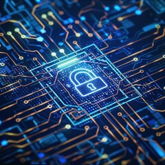 Poster - Close-up of a digital lock icon on a blue circuit board, representing cybersecurity and technology protection.