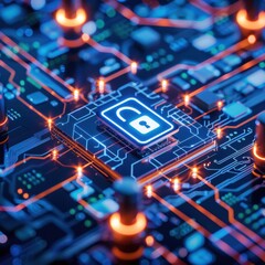 Leinwandbilder - Close-up of a glowing microchip with a lock symbol, representing the concept of cybersecurity and digital data protection.