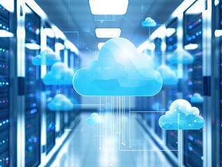 Fototapete - Cloud computing technology in a data center with servers and virtual clouds, representing modern digital innovation and online infrastructure.