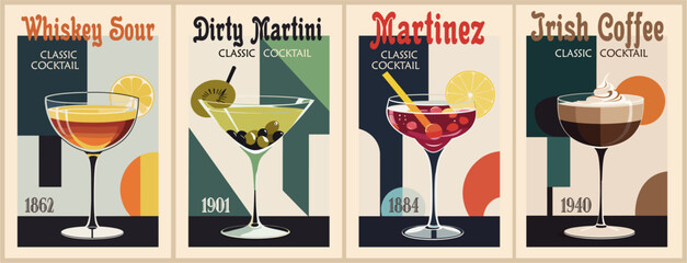 Cocktails retro poster set. Dirty Martini, Whiskey Sour, Martinez, Irish Coffee. Collection of popular alcohol drinks. Vintage flat vector illustrations for bar, pub, restaurant, kitchen wall art.