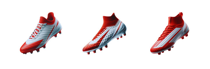 PNG - Set of Three Football shoe, soccer boot red & white color, isolated over on transparent white background (3)