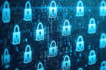Leinwandbilder - Digital cybersecurity concept with blue padlocks and binary code. Protect data and privacy in a technology-driven world.