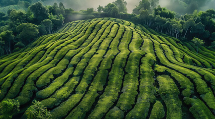 Wall Mural - Tea plantation, aerial view. Generative AI.