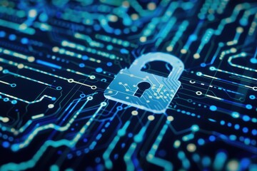 Poster - Digital security concept with a padlock symbol on a circuit board, representing data protection and cybersecurity in the digital world.