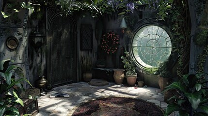 Wall Mural - Hobbit Architecture. AI generated art illustration.