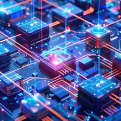 Leinwandbilder - Futuristic circuit board with glowing microchips and intricate circuits, representing advanced technology and digital innovation.