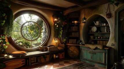 Wall Mural - Hobbit Architecture. AI generated art illustration.