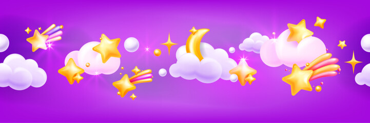 3D star sky seamless border, cute dream kids vector pink frame, magic clouds, moon, night objects. Cartoon kawaii cosmic children panoramic poster, sweet dream wallpaper. Baby 3D star background