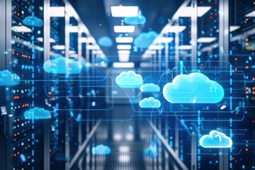Poster - Futuristic server room with holographic cloud technology and data storage in modern data center, showcasing digital infrastructure.