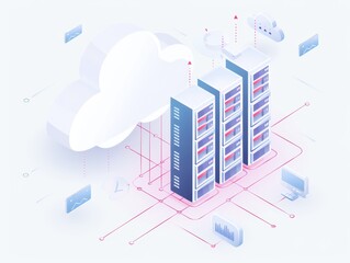 Fototapete - Modern cloud computing illustration featuring data centers, network connections, and digital icons representing technology and innovation.