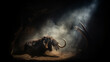 © AalamAmil - Woolly mammoth in the dark lit by a spotlight with smoke and dust
