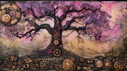 wood, tree, nature, art, vintage background, products, enginer, generative, ai, steampunk, clock background, mechanical, pink, gold, gear, clock, movement, old, illustration, vector, landscape, painti