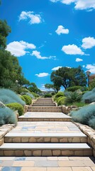 Sticker - a walkway with palm trees and a blue sky in the background.