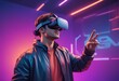 © Samit - Man with virtual reality VR goggle playing AR augmented reality game and entertainment, game futuristic lifest, Generative Ai