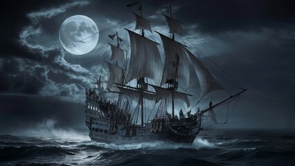 A pirate ship sailing in the sea under moonlight