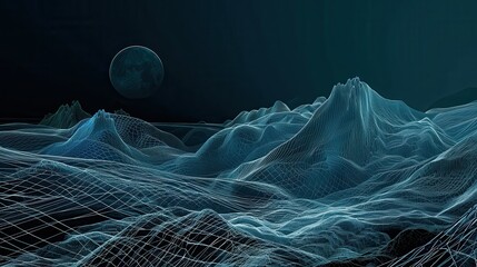 Wall Mural - Abstract 3D Wireframe Mountains with Moon Illustration