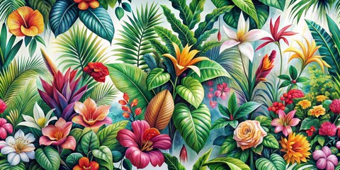 Vibrant Tropical Floral Painting with Lush Foliage, Flowers, and Palm Leaves, Tropical, Flower Painting, Botanical Illustration, Digital Art