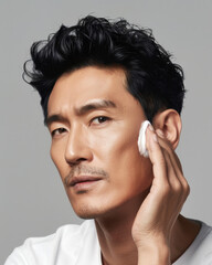 Wall Mural - A Korean man applying a cream, showing attention to skincare detail