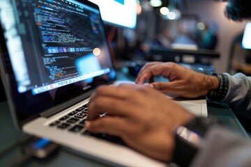 A close-up shot from a low angle, showcasing a developer's hands typing on a laptop keyboard. The screen displays lines of code