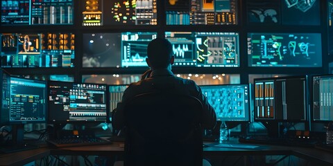 Wall Mural - IT engineer monitoring data in a control room with multiple screens. Concept Control Room Monitoring, IT Engineer, Data Analysis, Technology, Multi-Screen Display