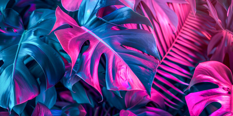 Wall Mural - Vibrant Tropical Leaves in Trendy Neon Pink and Blue LED Lighting