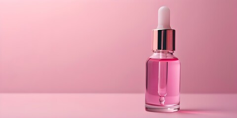 Wall Mural - Pink Face Oil in Glass Dropper Bottle on Cosmetic Background. Concept Beauty Products, Glass Dropper Bottle, Skincare Routine, Pink Color Palette, Cosmetic Background