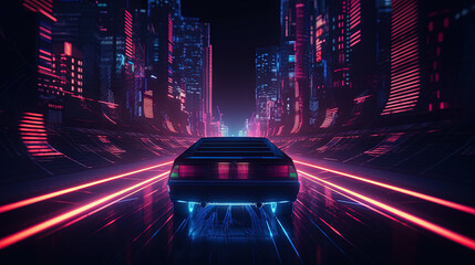 Canvas Print - Car ride on the neon road in 80s retro synthwave style