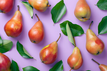 Wall Mural - Fresh Ripe Pears with Green Leaves on Pastel Purple Background