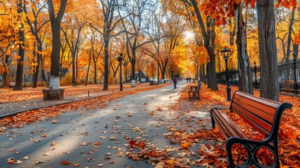 Sticker - A city park with pathways lined by trees ablaze with fall colors, benches scattered among the fallen leaves,