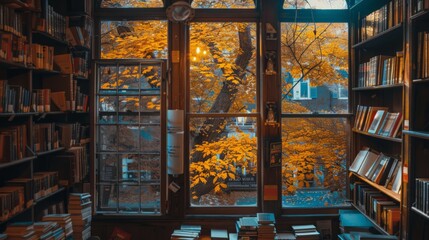 Poster - A cozy bookstore with shelves filled with leather-bound books and a window overlooking a street lined with trees
