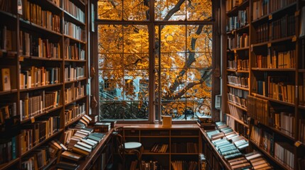 Poster - A cozy bookstore with shelves filled with leather-bound books and a window overlooking a street lined with trees