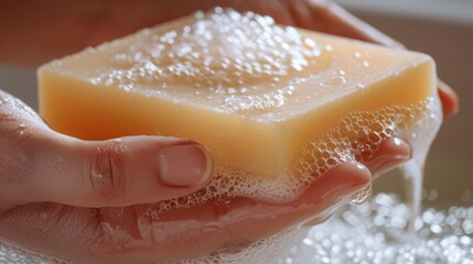 Experience the slick and sudsy texture of a wet soap bar, essential for effective daily hygiene practices