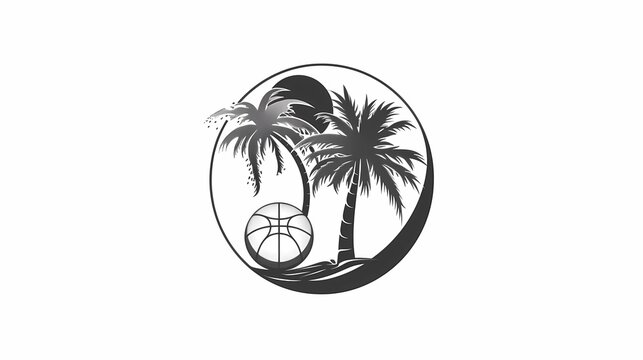 A creative logo design using a basketball and a coconut tree combined to make a round basketball camp logo with a sense of line, Generative AI illustrations.
