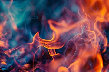 Poster - Intricate details of burning fire flames captured from a low angle, showcasing the dynamic interplay of orange, red, and blue hues