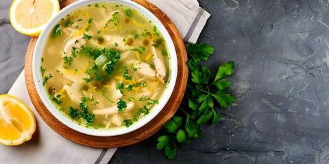 Canvas Print - Lemon chicken soup served in a bowl on a wooden board. Concept Food Photography, Lemon Chicken Soup, Bowl Presentation, Wooden Board Display