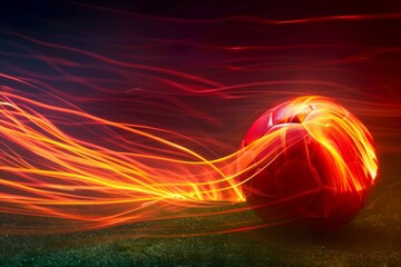 Poster - a red soccer ball is illuminated by glowing orange neon streaks against a dark background, capturing