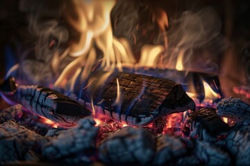 Poster - A close-up view of a burning log in a fireplace, showcasing the intense heat and mesmerizing glow of the flames